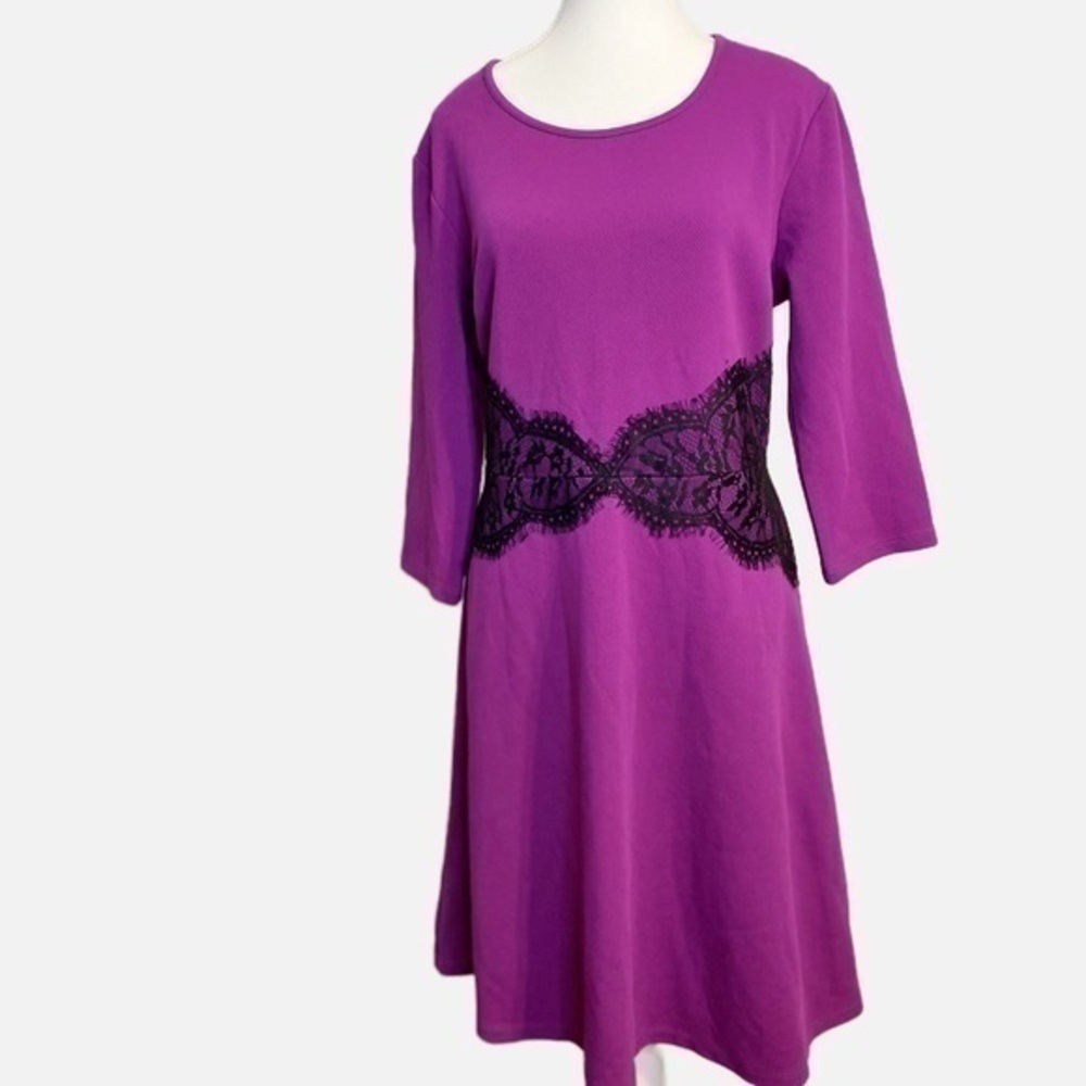 Cato 3/4 Sleeve Purple Midi Dress with Black Lace Details around Waist